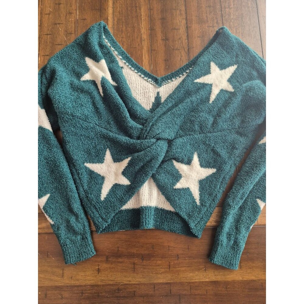 Starry Teal Blue Rain Francescas Knitted Sweater V-Neck Twist Front S